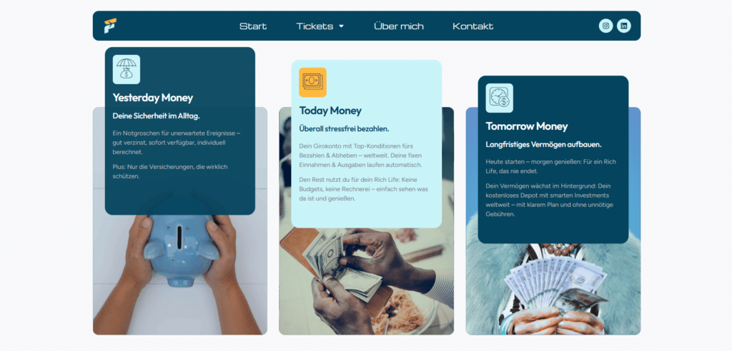 Webseite von Finanzautopilot mit den Bereichen Yesterday, Today und Tomorrow Money