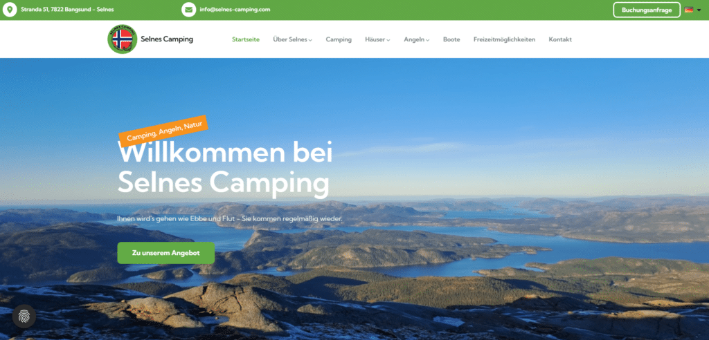 Startseite der Webseite von Selnes Camping mit Fjordlandschaft