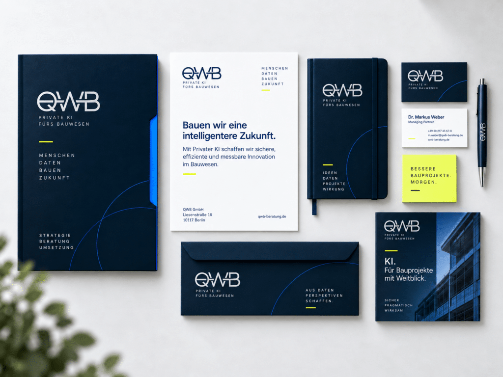 Geschäftsausstattung von GWB mit Briefpapier, Visitenkarten, Notizbuch und Umschlägen