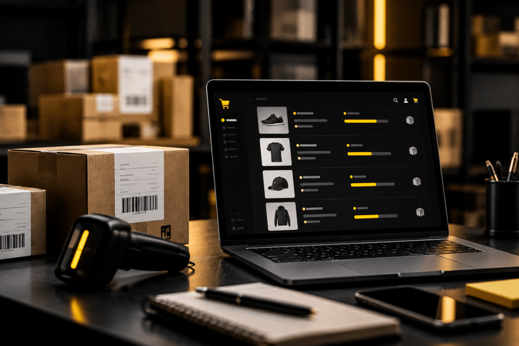 Laptop mit Bestellübersicht zwischen Versandpaketen und Barcode-Scanner
