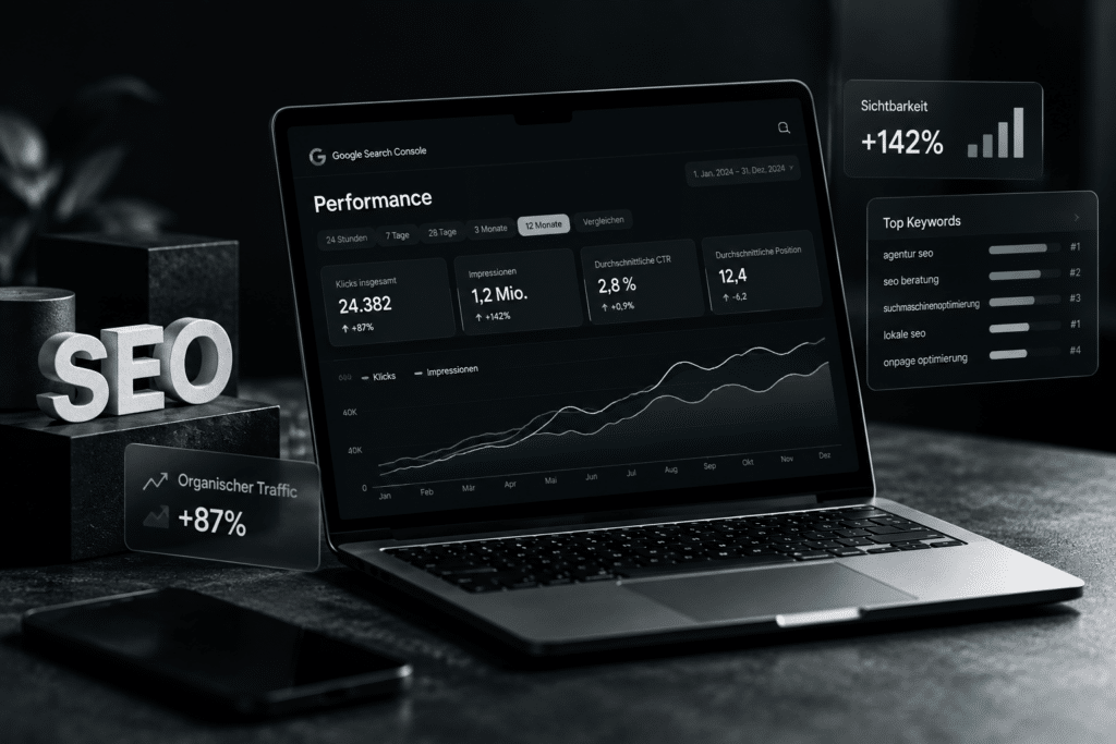 Laptop mit SEO-Performance-Dashboard und steigenden Kennzahlen
