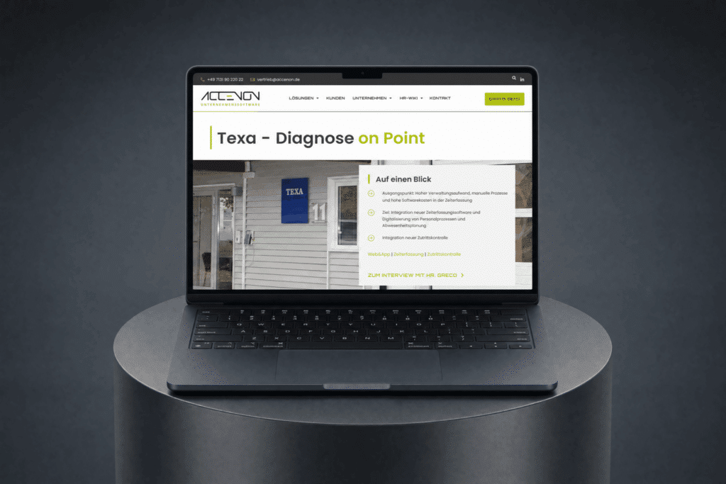 Webseite von Accenon zur Texa-Diagnose auf einem Laptop