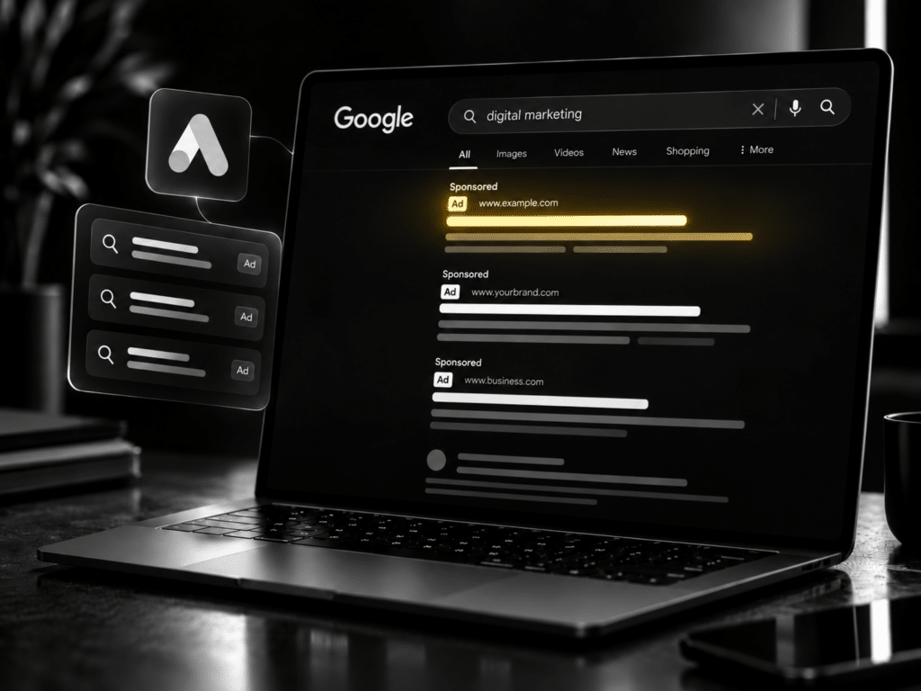 Laptop mit Google-Suchergebnissen und hervorgehobenen Anzeigen
